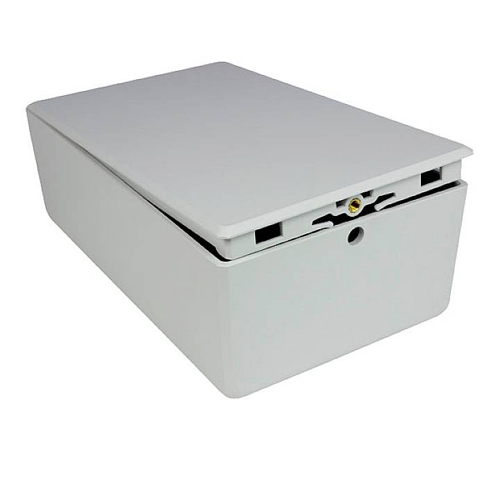 A rectangular, white waste bin with a lid, slightly open. Suitable for use in kitchens or offices.