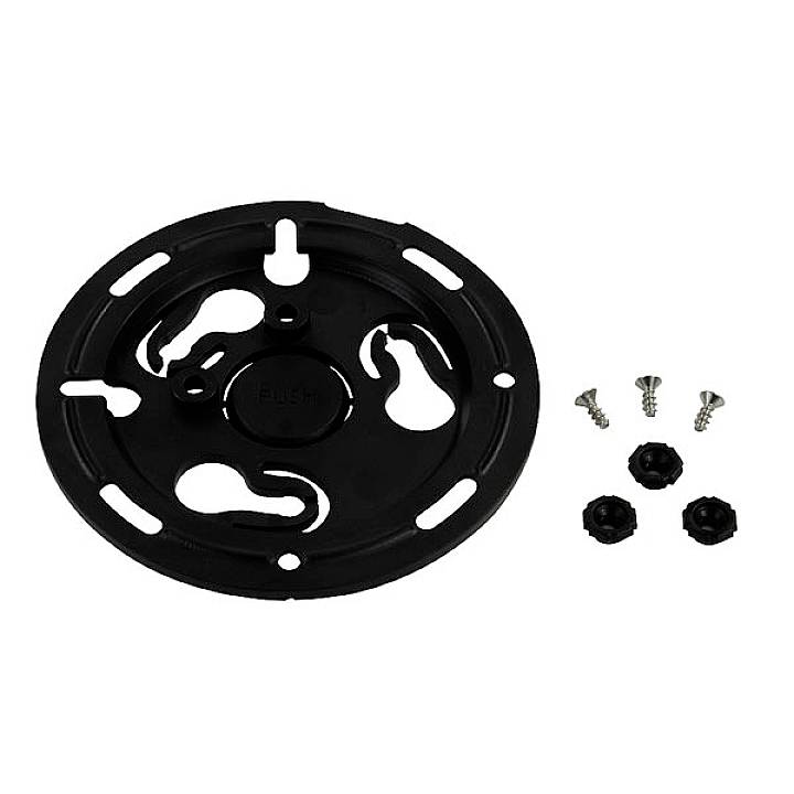 Round black plastic plate with four metal screws and four black plastic nuts.
