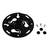 Round black plastic plate with four metal screws and four black plastic nuts.