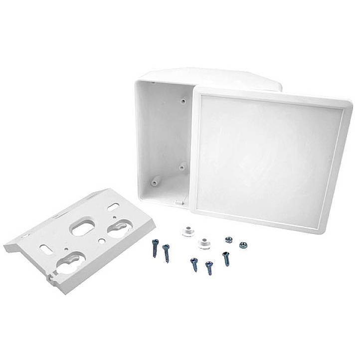 White plastic enclosure with removable lid, mounting plate and screws, suitable for installation purposes.