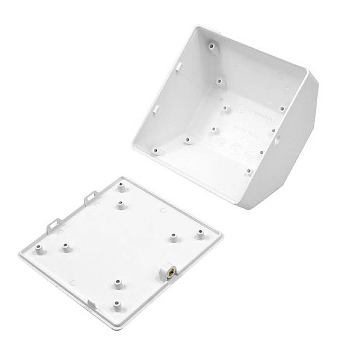 Two white plastic boxes, one with a square lid with screw holes and a rectangular base with holes for wall mounting.