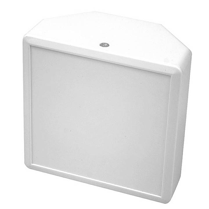 A white, hexagonal wall hydrant box with a smooth surface and a small screw at the top centre.