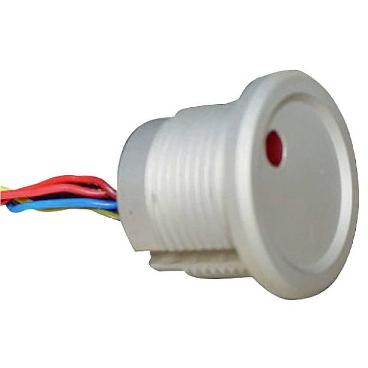 A round, grey electrical switch with coloured cables (yellow, red, blue) for controlling electronic devices.