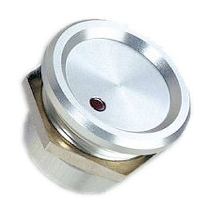 A round sensor with a metal casing and a small red marking on top. The device may be suitable for pressure measurements.