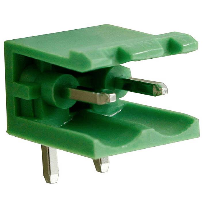 A green, rectangular connector with metallic pins for electrical connections, viewed from the side.