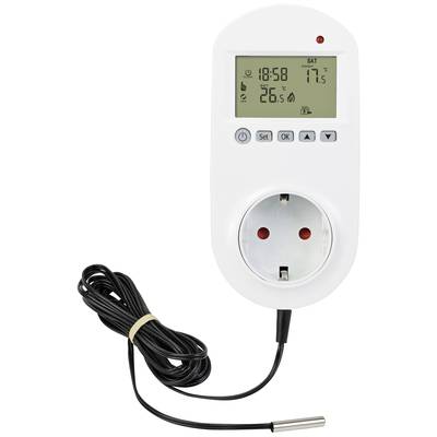 A digital temperature controller with a socket and display shows current time, temperatures, and symbols. A cable with a sensor is connected.