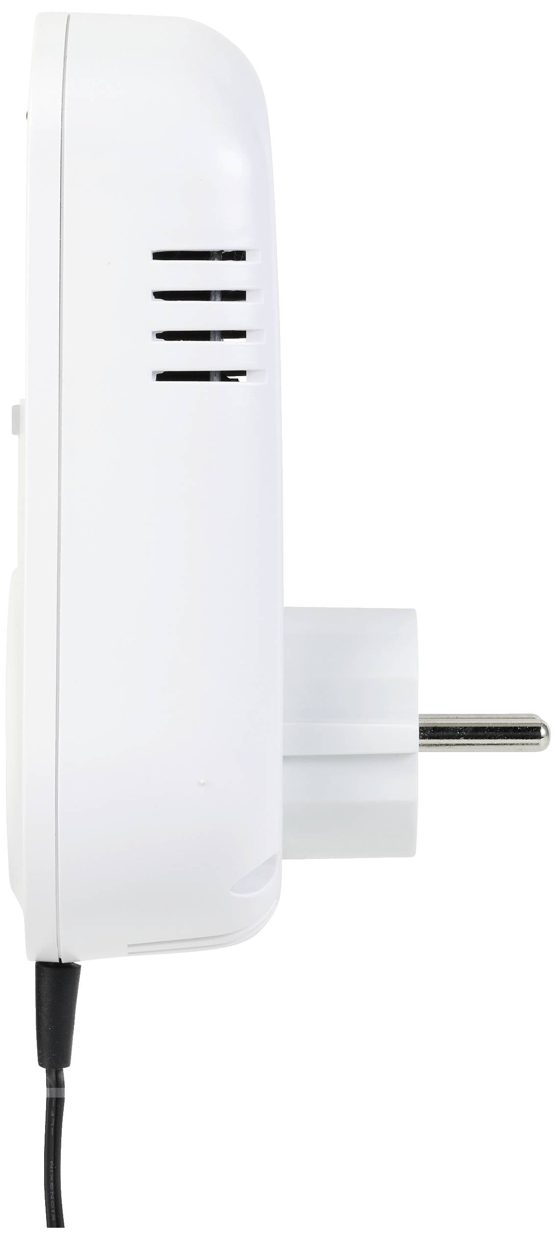 A white plug adapter seen from the side, inserted into a socket. A cable is connected at the bottom, with black ventilation slots visible.