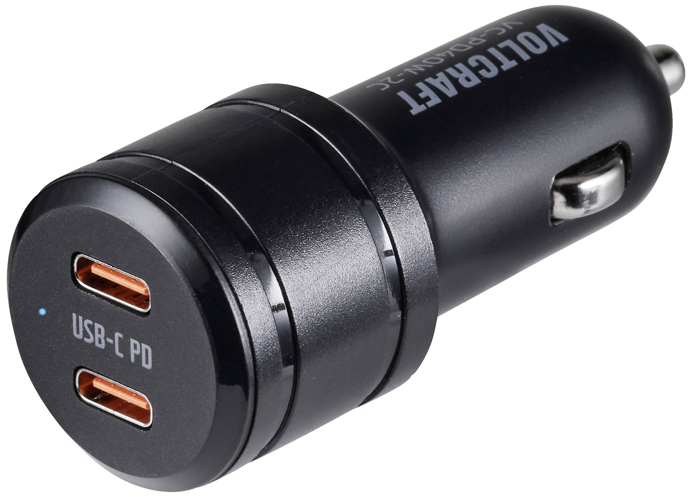 Black USB-C car charger with two ports, with 'USB-C PD' text printed on it.