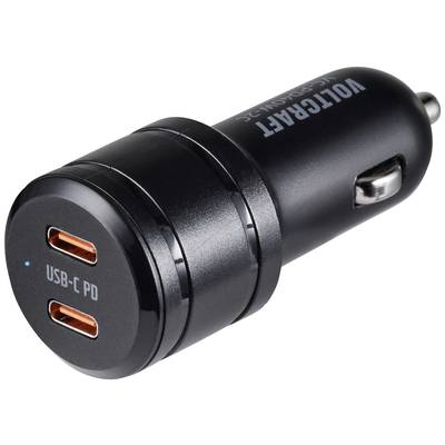 Black USB-C car charger with two ports, with 'USB-C PD' text printed on it.