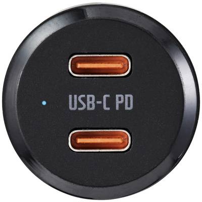 'Black USB-C PD charger with two orange ports in a circular arrangement and a small blue light.'
