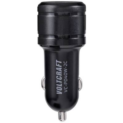 Black Voltcraft car charger with two USB ports, model VC-PD40W-2C. Suitable for charging devices while driving.