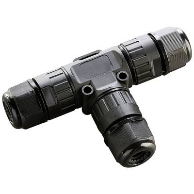 A black, T-shaped, waterproof cable connector with screw locks at each end. Suitable for outdoor installations.
