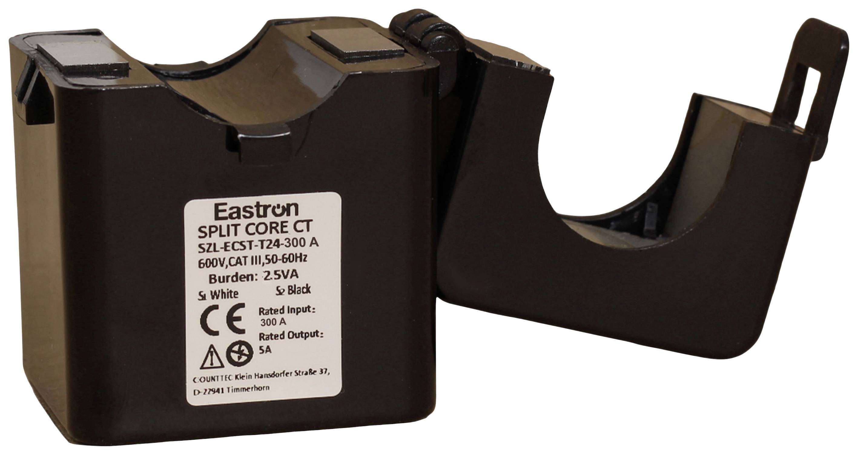 Open current transformer with plastic casing. On the side it reads 'Eastron Split Core CT, 600V, 300A, CE certified'.