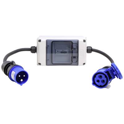 An adapter with two blue CEE electrical connections, one male and one female, connected by a grey plastic housing.
