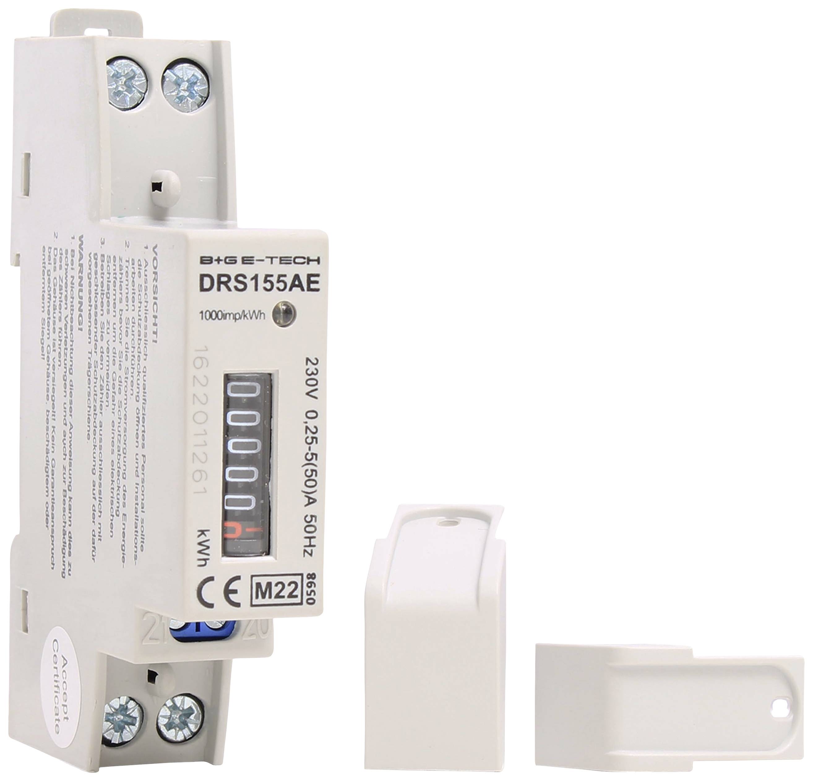 A single-phase electricity meter for DIN rail mounting, displaying a digital energy consumption reading in kWh.