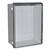 Electronic enclosure with a transparent lid, closed metal frame and hinges on the left side, suitable for wall mounting.