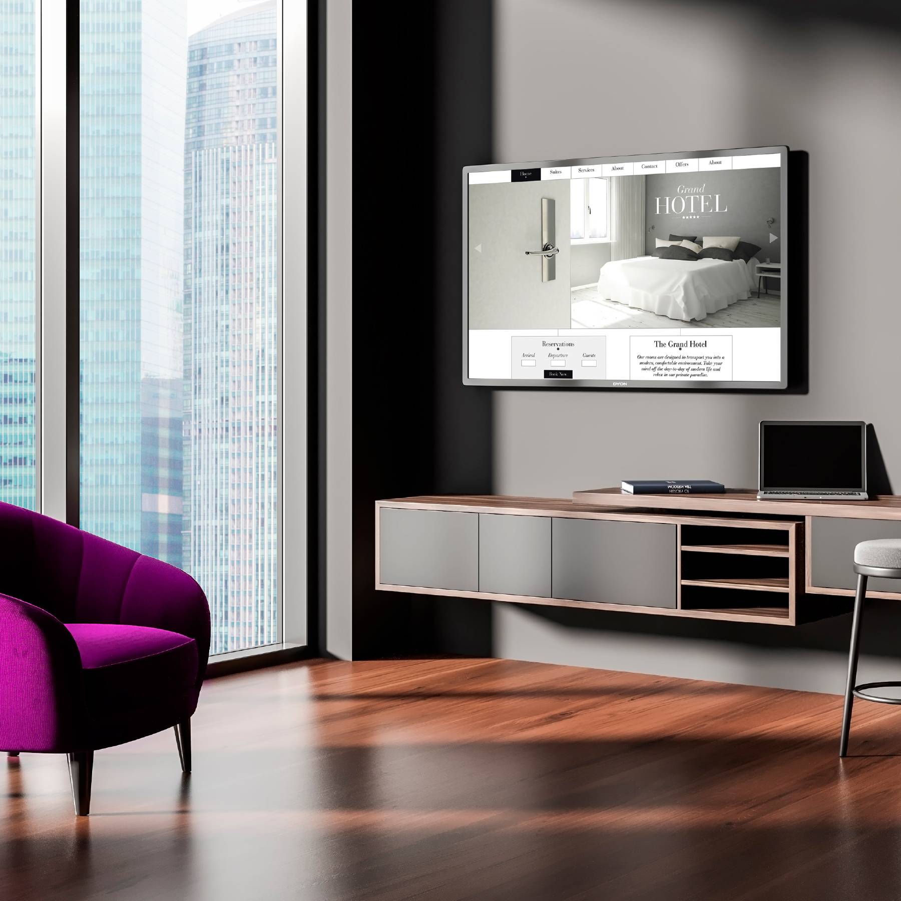 A modern hotel room interior with a floor-to-ceiling window, purple chair, wall-mounted screen displaying 'The Grand Hotel' website.