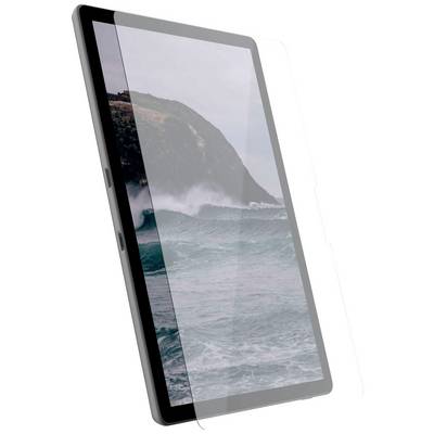A tablet displays an image of stormy waves crashing against a rugged coastline, with dark rocks and a cloudy sky.