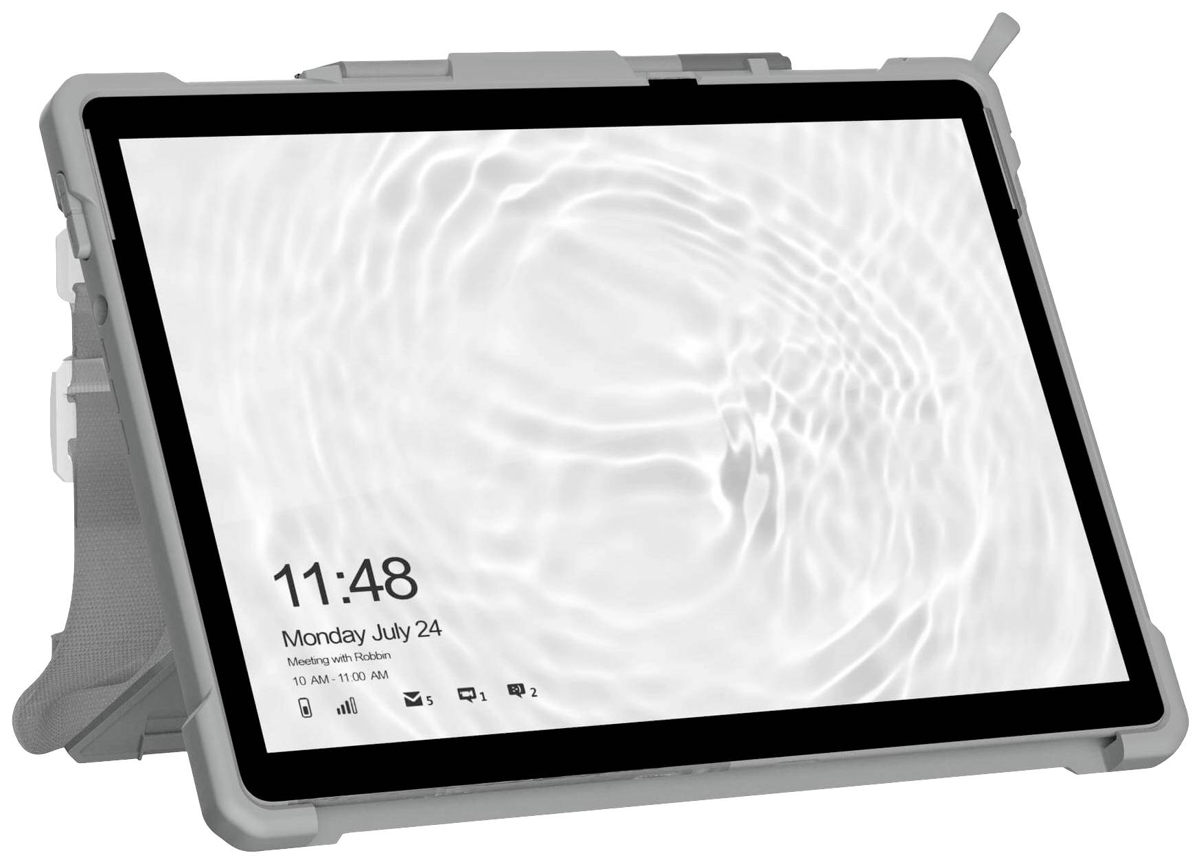 A tablet in a white casing displays the home screen showing the time 11:48 and the date Monday, 24 July.