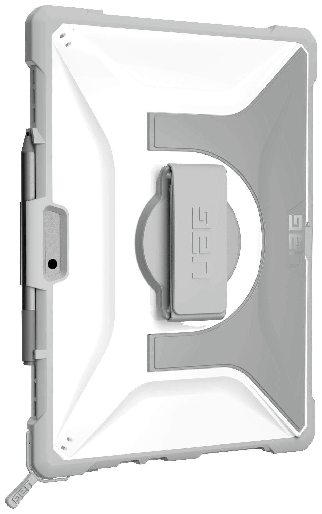Tablet protective case in grey, featuring a kickstand and rugged design, which safeguards the device against impacts and scratches.