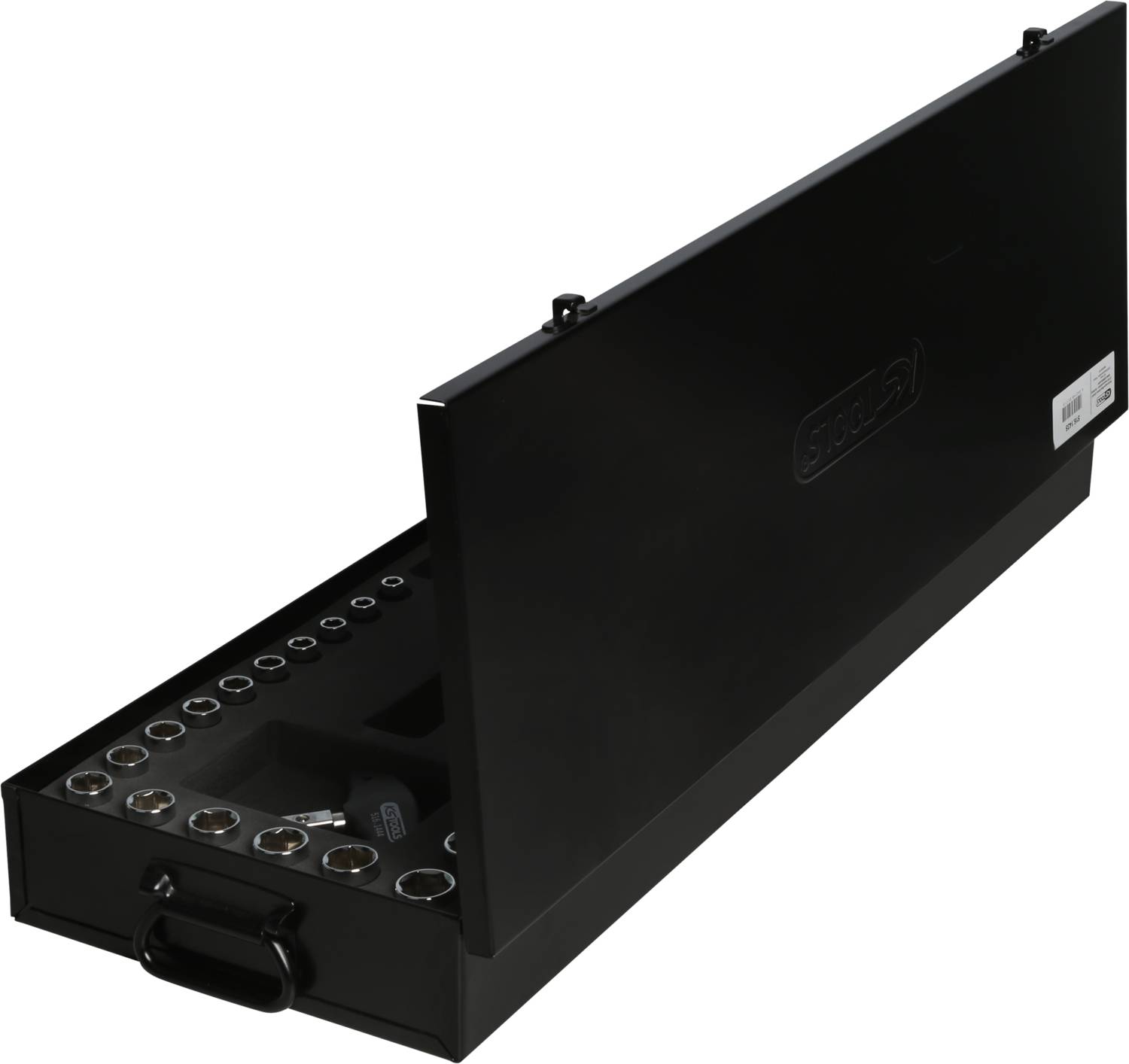Black tool case opened, displaying sorted socket wrench inserts.