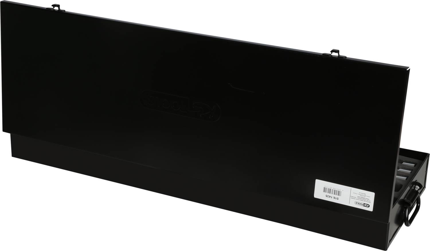 Black toolbox with a sticker on the right side, partially open with some visible tool compartments.