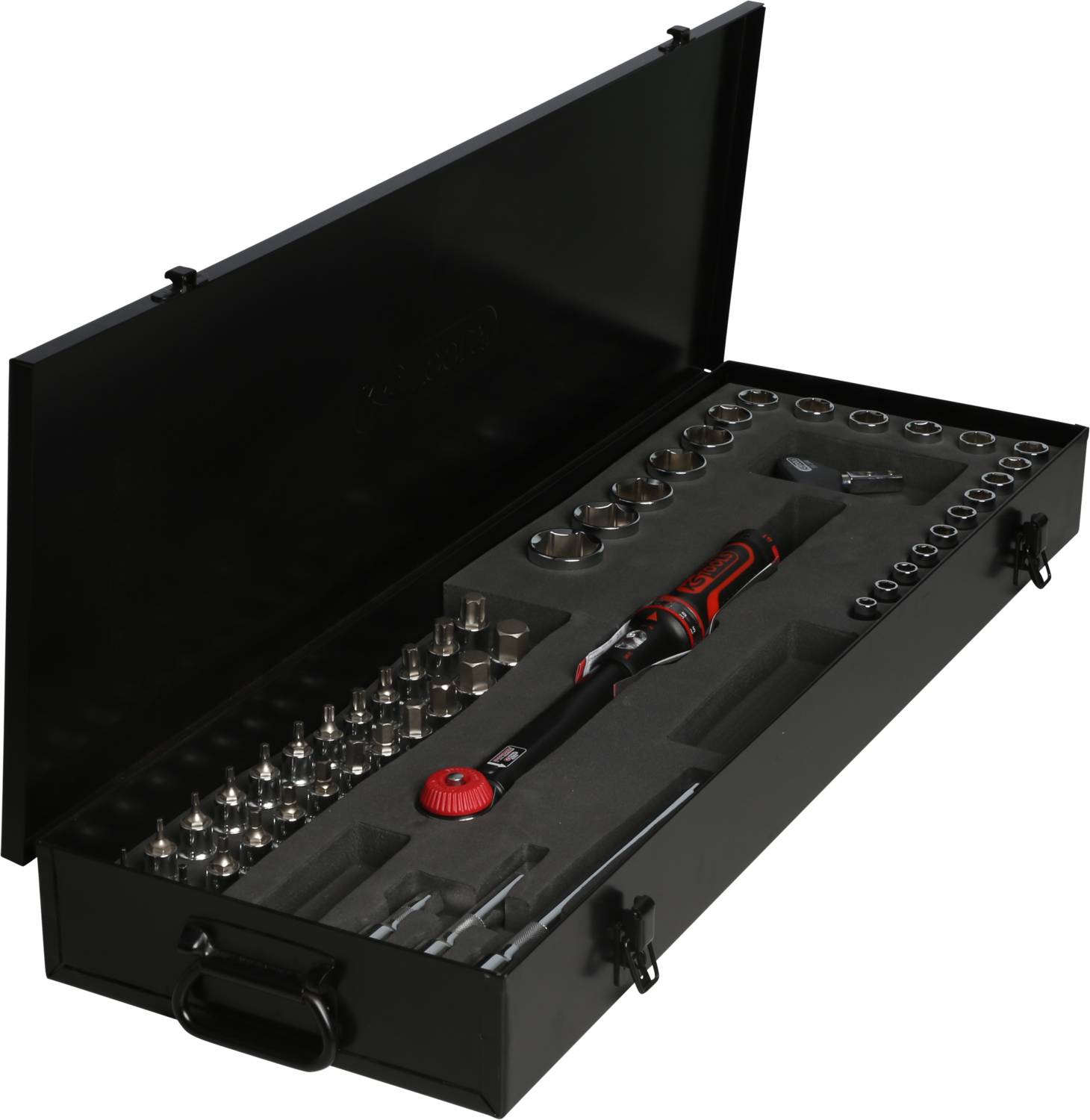 An open tool case with various socket keys and a ratchet spanner in an organised foam insert.