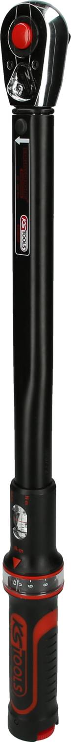 Electronic torque wrench with black and red design, featuring a digital display and controls at the top.