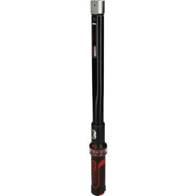 Black and red digital torque wrench with display and controls on the handle, used for precise tightening of nuts.