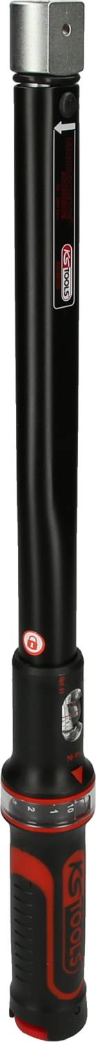 An electronic torque wrench, predominantly black with red details and a metal head, for precise measurement of torque.