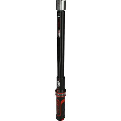 Black and red electronic tool, most likely a torque wrench, with digital display and click mechanism.