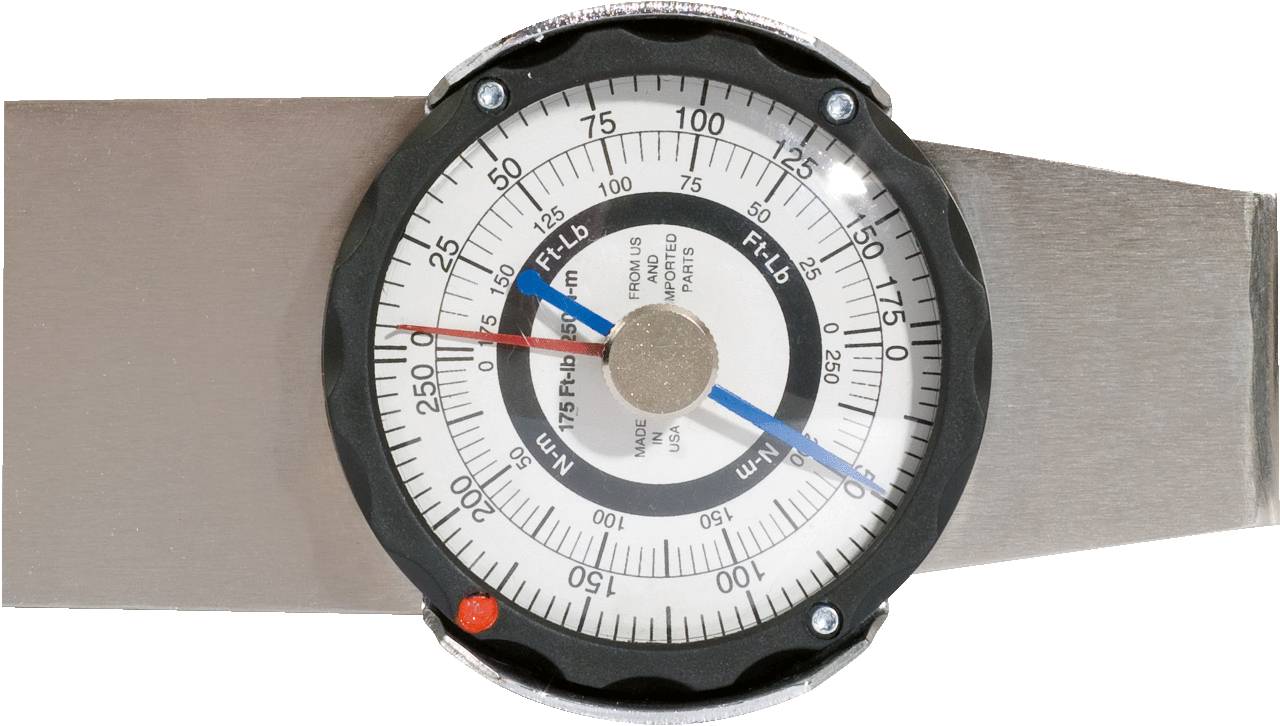 Torque wrench with scale in Newton-metres and foot-pounds. Pointer indicates 50 Nm. Suitable for precise torque measurements.
