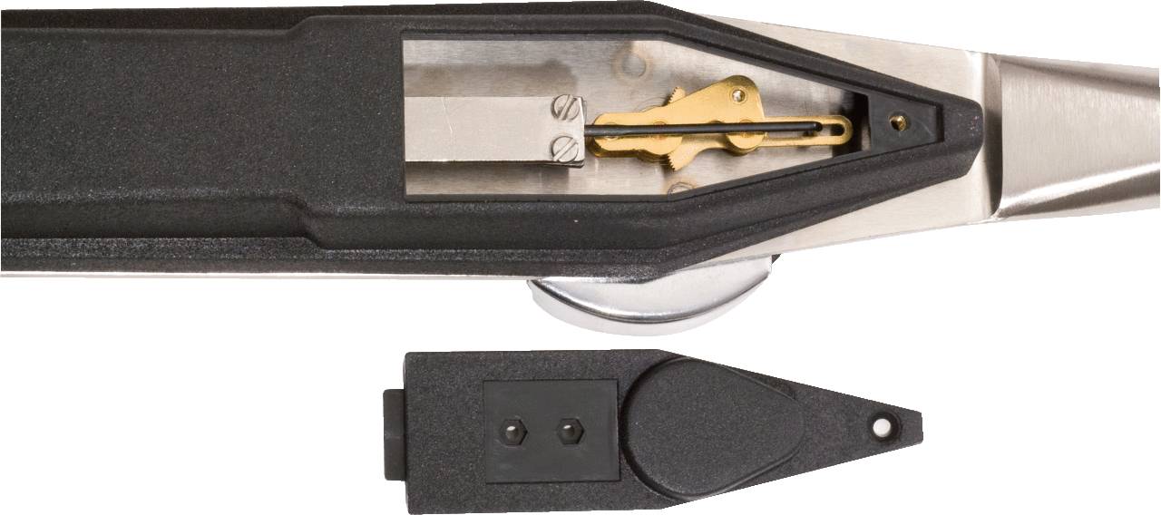 Tweezers with built-in measurement scale, displaying precise measurements. Close-up of the tip and mechanical components.