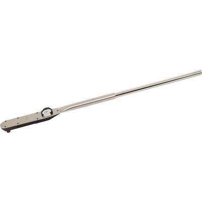 A torque wrench made of metal with a long handle and scale to indicate torque, commonly used in vehicle maintenance.