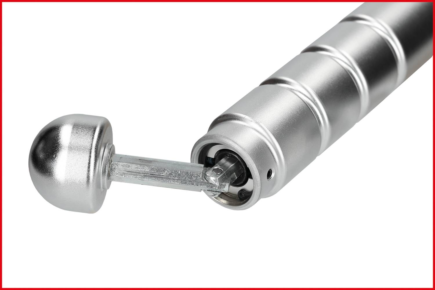 Silver metallic curtain rod end finial, with a removable, spherical end piece that serves as the bracket.