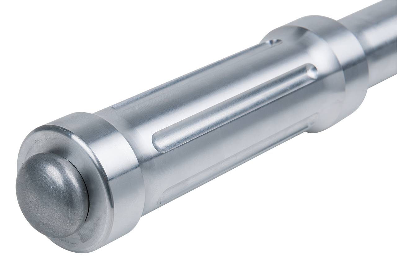 A silver, cylindrical metal component with a grooved surface and a rounded tip, potentially a tool or machine part.