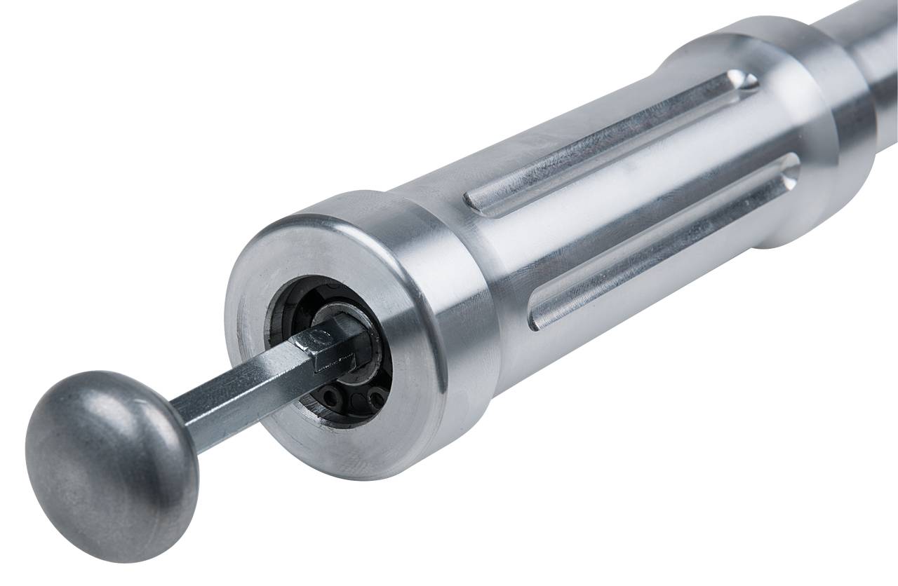 Steel cylinder with detailed grooves and lever, likely part of a mechanical device or tool.