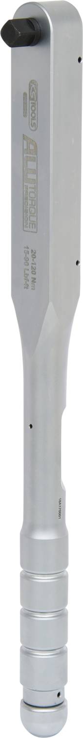 A silver torque wrench with a knurled grip and a measurement scale on the side, for precise tightening control.