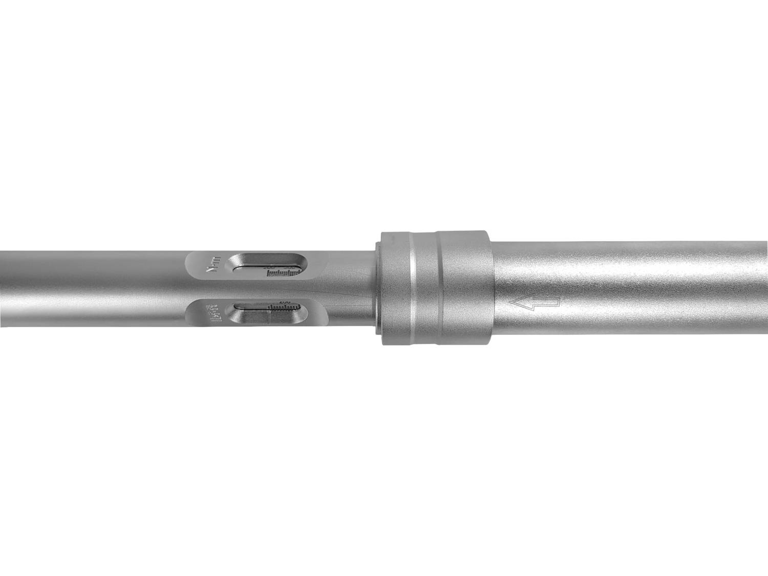 A silver metal tube with arrows and two openings; one marked 'Top Button' and the other unmarked.