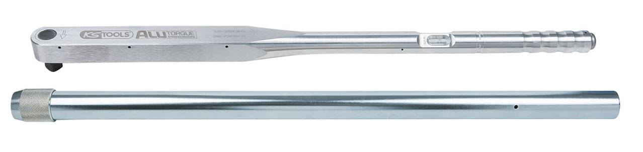 'Two chrome-plated tools side by side, possibly a torque wrench and an extension bar, on a white background.'