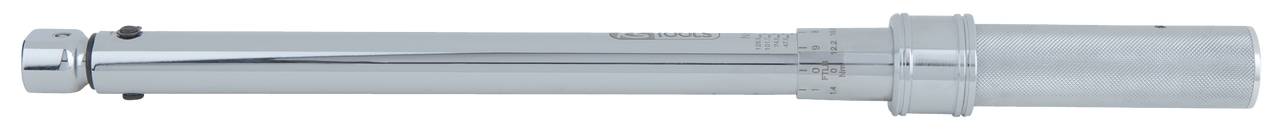 A silver torque wrench with a scale, used for precise adjustment and measurement of torque.