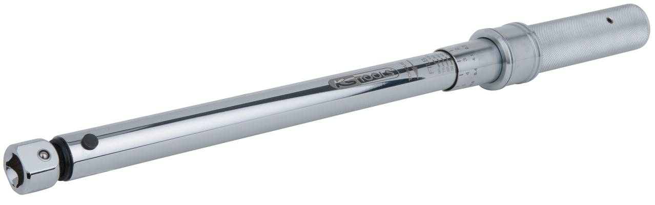 Metal torque wrench used for precise tightening of bolts and nuts.