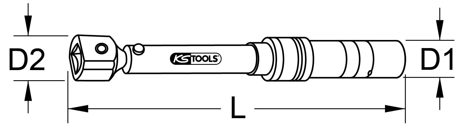A torque wrench, marked with 'KS TOOLS'. The dimensions are specified as 'D1', 'D2', and 'L'.