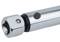 Metallic telescopic handle with a swivel joint and locking button, suitable for tools or broom attachments.