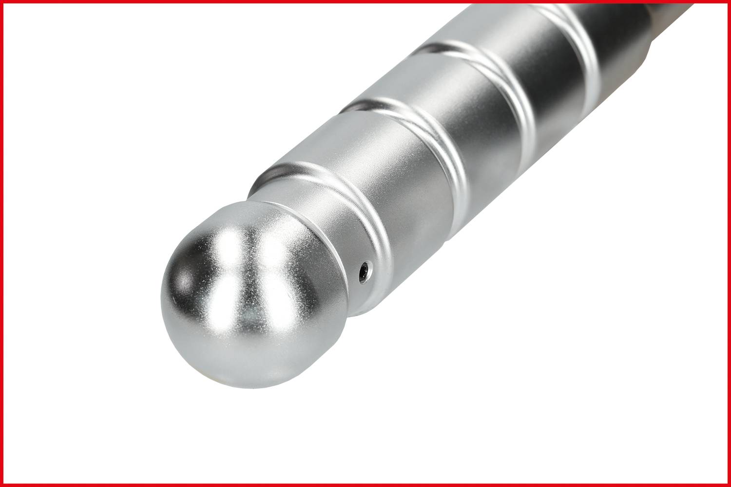 Metal rod with a grooved surface and a spherical end. Short, glossy design, likely part of a tool or device.