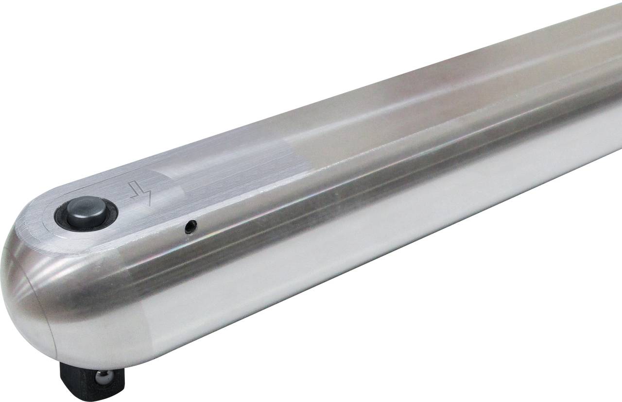 A silver cylindrical rod with a black button and a small hole at one end.