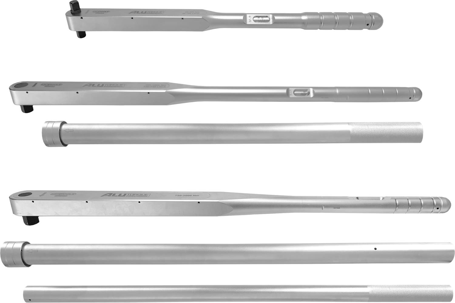 'Three silver torque wrenches in different sizes, arranged horizontally side by side. Each has an ergonomic handle.'