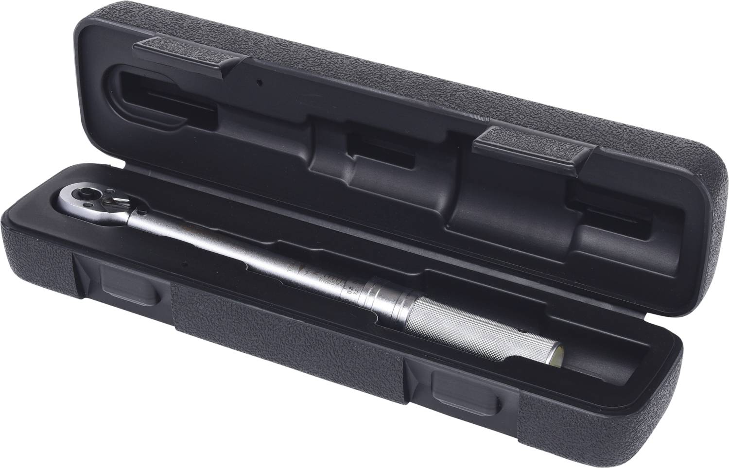 A torque wrench in a black hard-shell case, opened, lined with shaped foam to securely hold the tool.
