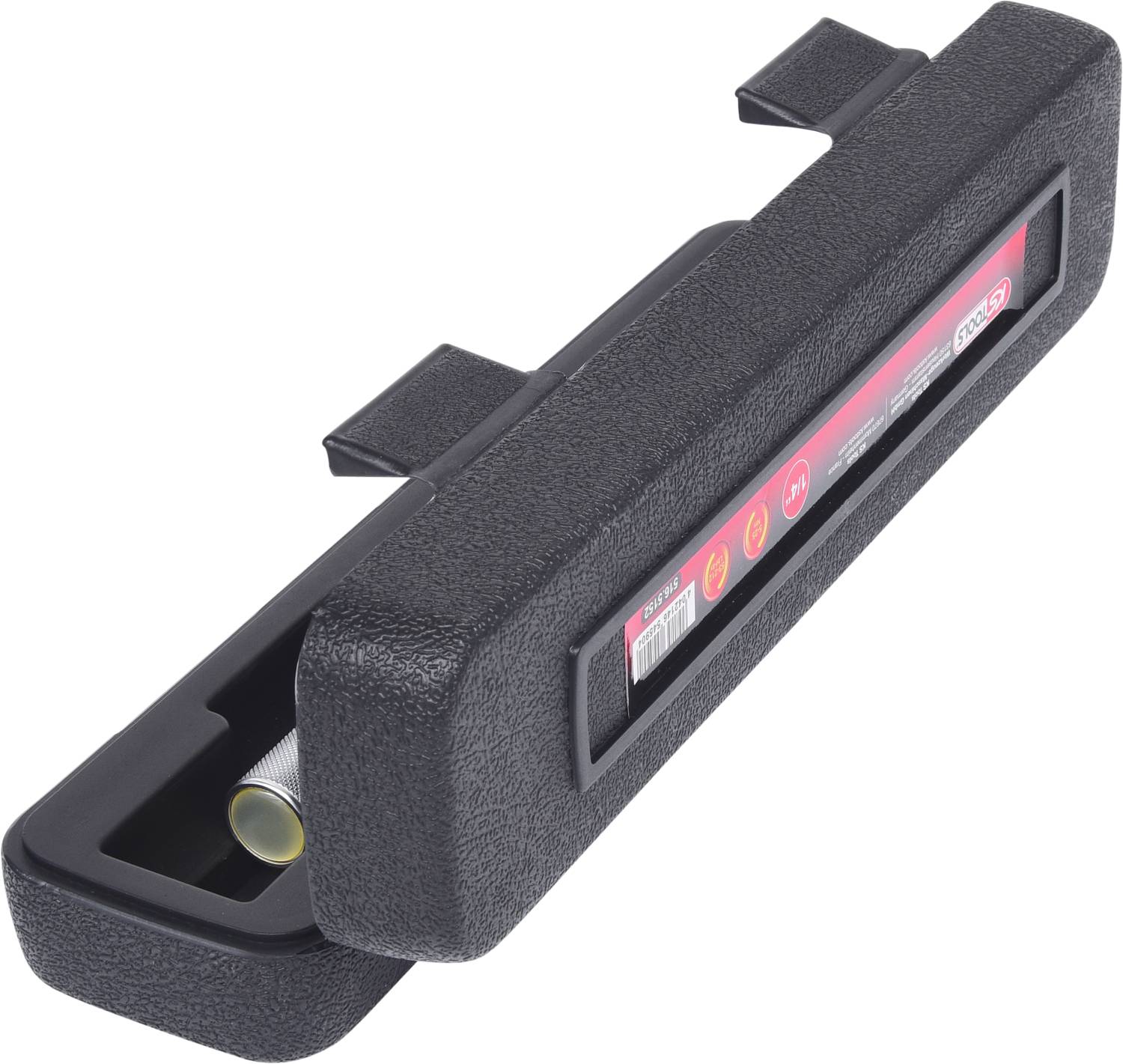 A black, rectangular plastic box with finger recesses on the sides. A label with symbols and text is affixed to the box.