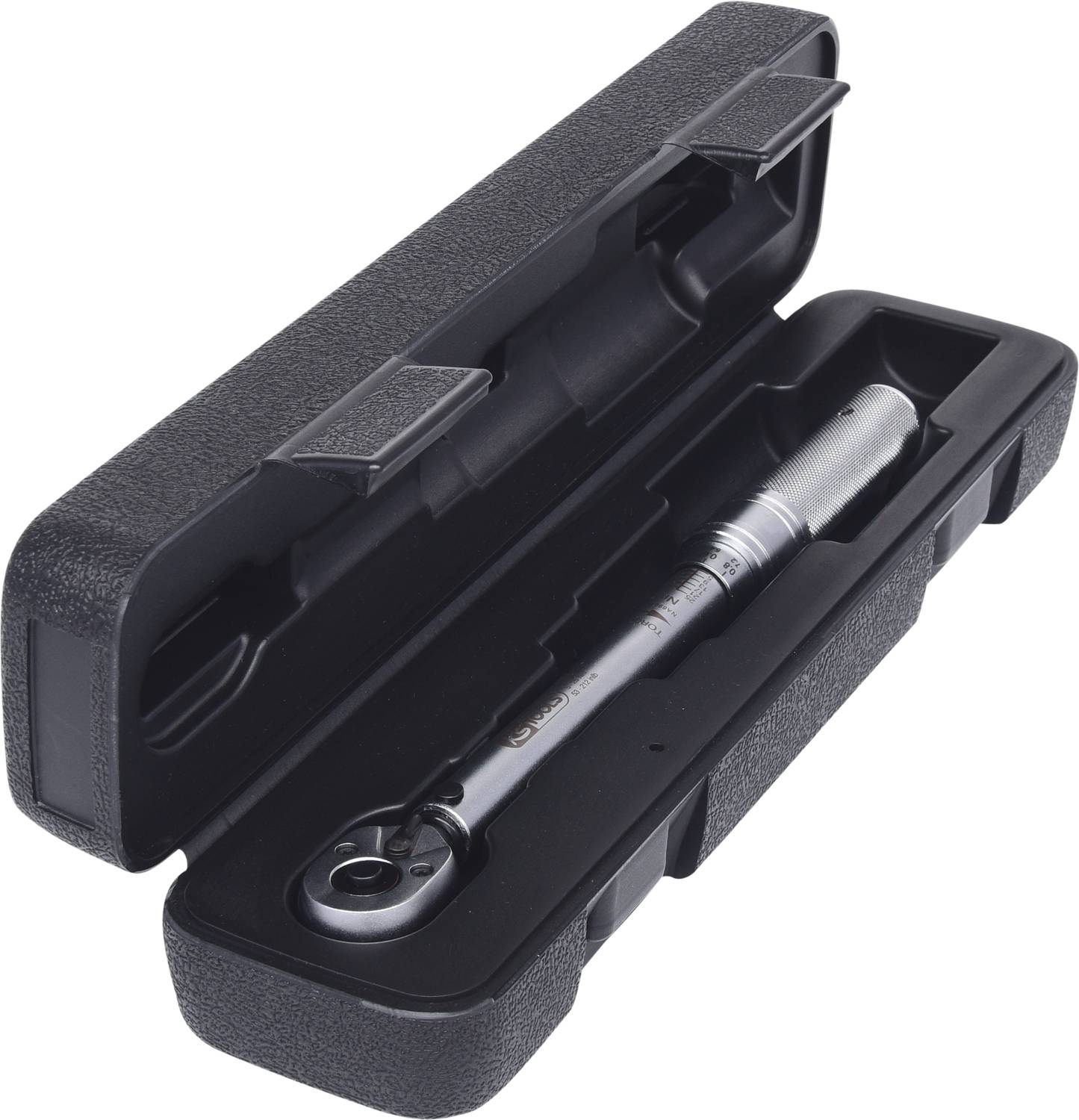 Torque wrench in a black plastic case, open. Suitable for precise control of screw tightening torque.